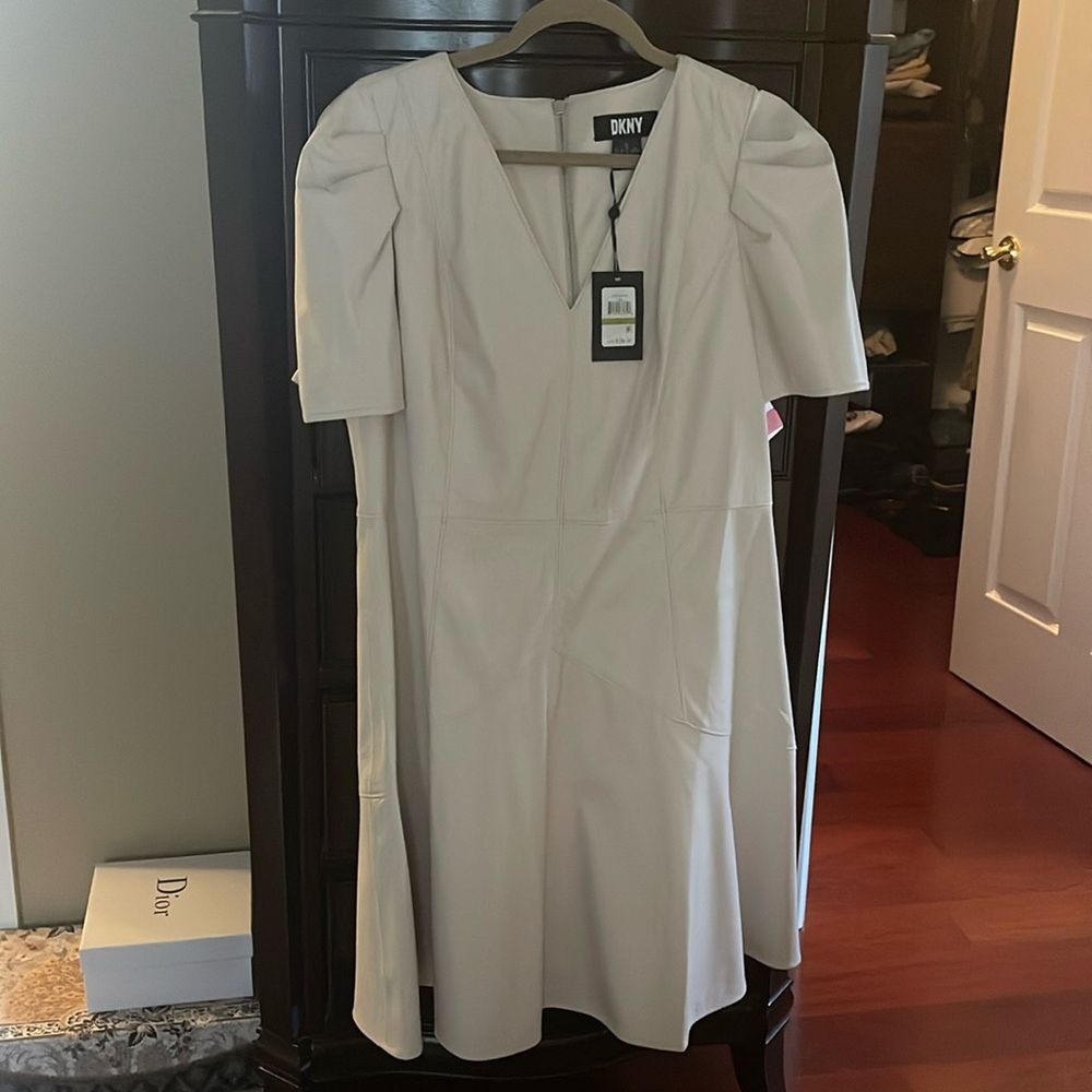 DKNY Fit & Flare Seam Panels Faux Leather Cream Dress - Perfect for Spring!